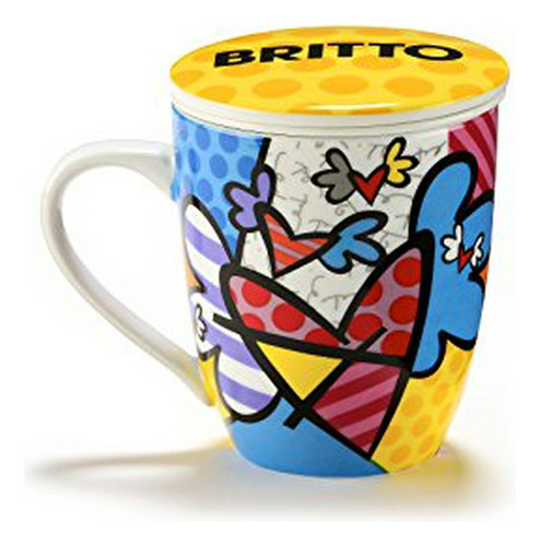 Taza Infusor Romero Britto Porcelana Con Tapa - Corazones De