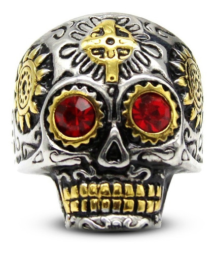 Anillo Acero Inox Calavera Plata Dorada Cruz Ojos Rojos Eg