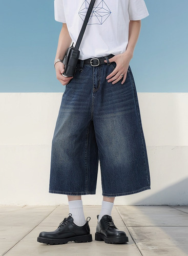 Vaqueros Anchos, Pantalones Cortos, Cintura Media, Mezclilla