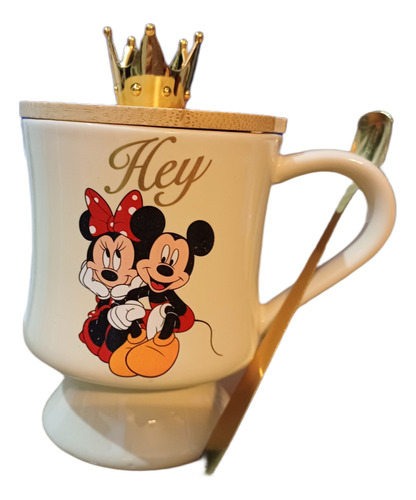 Tazon Mug Disney Con Tapa De Corona + Cuchara Minnie Mickey 