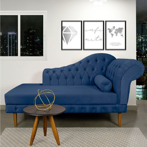 Divã Recamier Capitonê Mônaco 165 Cm Suede Azul Marinho