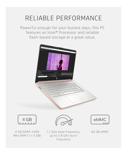 HP Stream Laptop 14" 16GB Intel Celeron N4120 Windows 11S Color Rosa Metálico