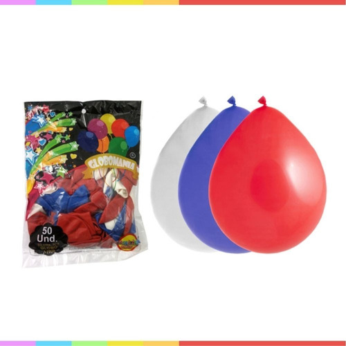 Set 50 Globos Látex Blanco Azul Y Rojo R9 22cms F.patrias