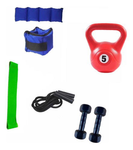 Kit Entrenamiento Mancuernas Soga Rusa 5kg Banda Tobilleras