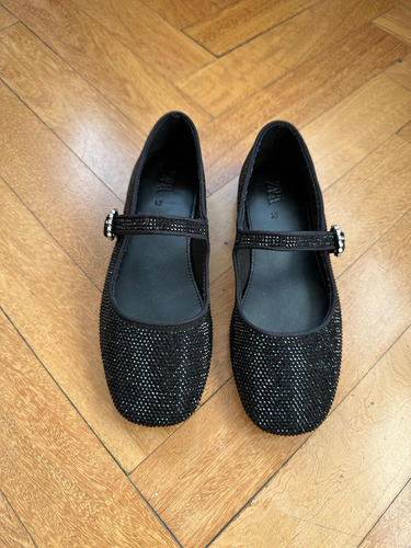 Zapatos Zara Niña Negros Tela Con Brillos 32 Hebilla Strass