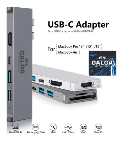 Imagen 5 de 10 de Hub Macbook Adaptador 7 - 2 Usb Tipo C Hdmi X2- Micro Sd Usb