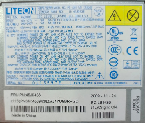 Fuente De Poder Marca Liteon  Model: Ps-5281-7vr /110 V/250w