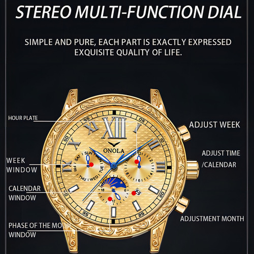 Reloj Cronógrafo Automático De Lujo Onola 6834 Color De La Correa Brown/blue