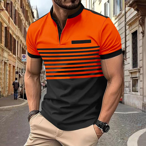 Camisa Casual De Manga Corta A Rayas Con Cuello En V Y Boton