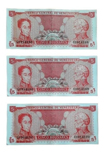 Billetes De 5 Bs. 21/9/89 - Serial U7 - 168, 169 Y 170