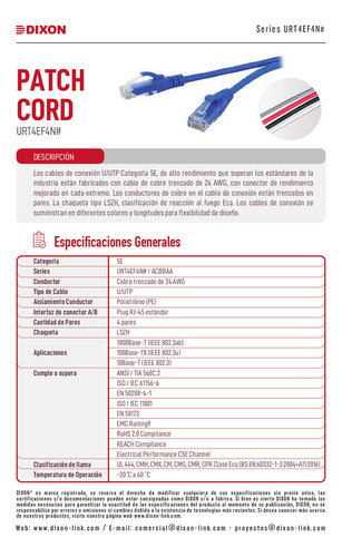 Cable Patch Cord Dixon 2mts Utp Cat5e 24awg Cobre Lszh Azul