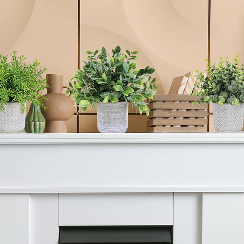 Plantas Artificiales Eucalipto Y Romero Con Maceta Gris 3 Pz Verde