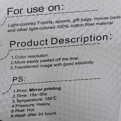 Imagen 2 de 2 de Papel Transfer Inkjet Telas Oscuras Tamaño A4 (10 Hojas)