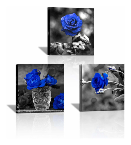 3 Paneles De Lienzo De Rosa Azul Pared  Arte De Flores ...