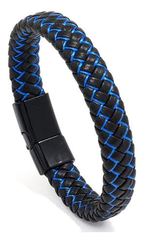 Pulsera De Caballero Tejida En Cuerina Negro Y Azul