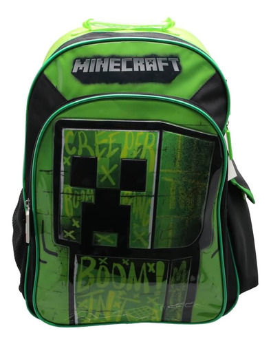 Mochila Escolar Minecraft Creeper Tnt Gamer Color Verde Diseño De La Tela Liso