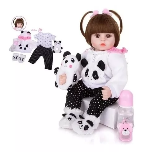 Boneca Reborn Bebê 100% Silicone Menina Panda Olho Castanho 48cm