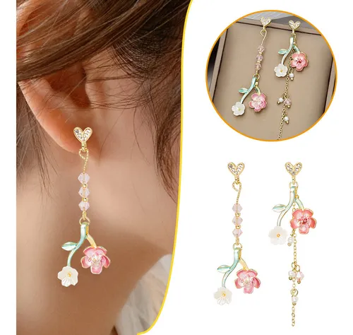 Ay 1par Pendientes Japoneses Largos Con Borlas Con Flores