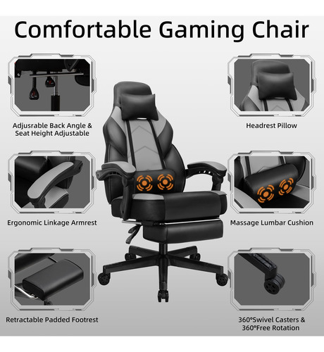 Silla De Videojuegos Con Reposapiés Y Soporte Lumbar Ajustab