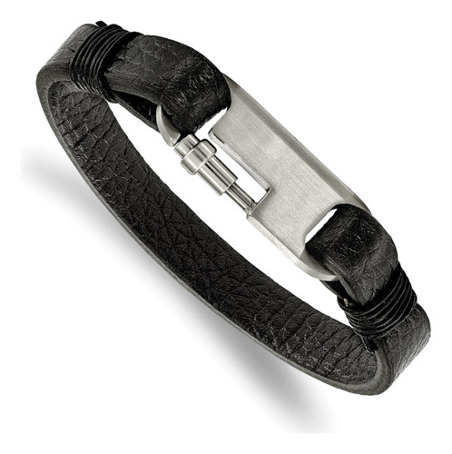 Brazalete Cincel, Acero Inoxidable, Cuero Genuino Negro Cepi