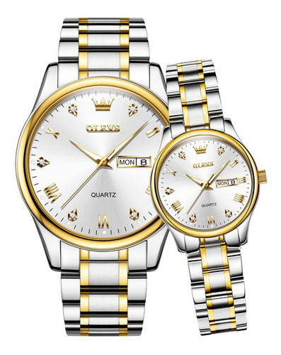 Relógio de casal de quartzo inoxidável luminoso Olevs, cor de fundo de 2 peças: prata, dourado, branco