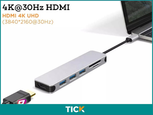 Adaptador Aluminio Hub 6 En 1 Usb Tipo C Hdmi Usb Power 65w Aluminio