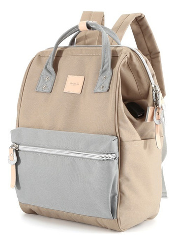 Mochila Multibolsillos Porta Laptop Con Usb - Caqui Y Gris