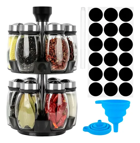 Organizador de Cocina Plateado Giratorio 360º con 12 Frascos Especieros de Vidrio con Tapas