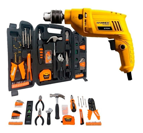 Furadeira Impacto 3/8'' 570w Hammer + Kit Ferramentas 129pçs