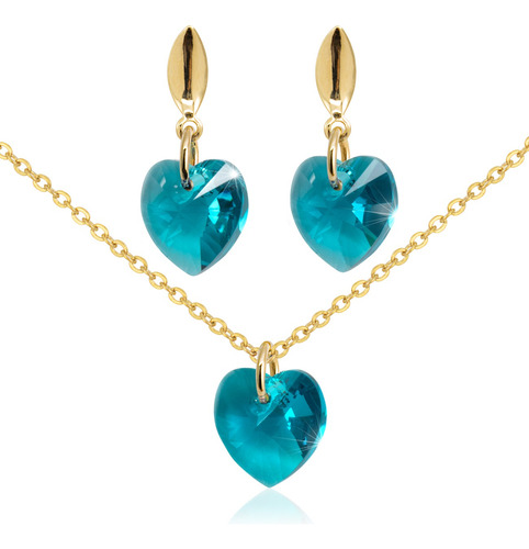 Juego Corazones Swarovski Collar Aretes Mujer Cadena Oro Glf