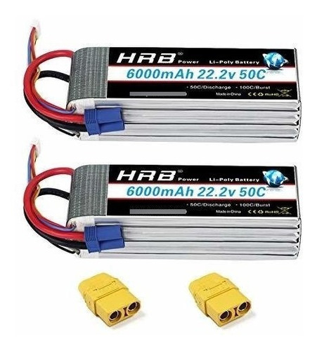 2 Baterias Lipo 22.2v 6000mah 50c 6s Xt90 Plug Hrb