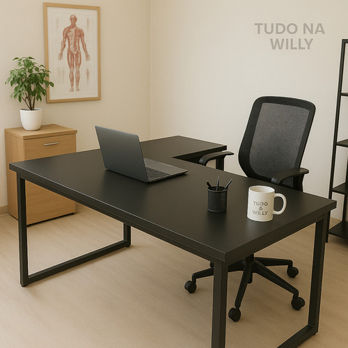 Kit Cadeira De Escritório Ajustável + Mesa Formato L Madeira