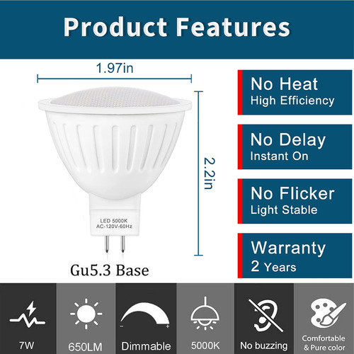 Bulbo Led Mr16 Dimible, 5000k Día De Día 7w 650lm-65watt De