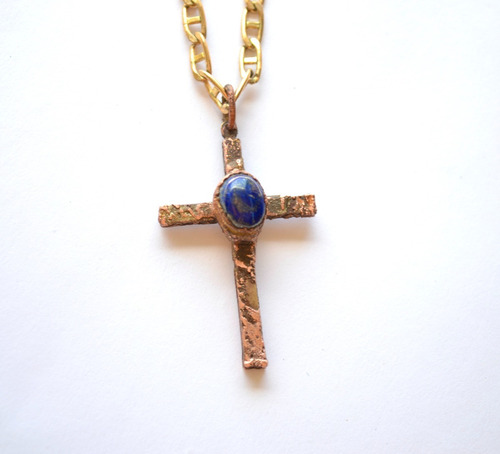 Imagen 1 de 4 de Collar Cruz Con Piedra Preciosa Lapis Lazuli,  Bronce, Cod1