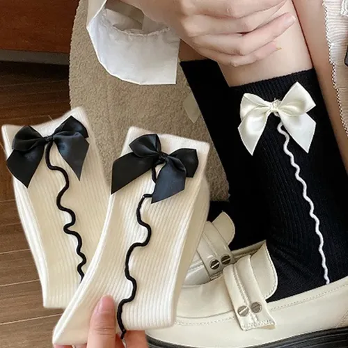 Calcetines De Algodón Con Lazo, Calcetines Medios Dulces, Ca
