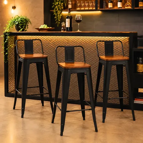 Kit 3 Banquetas Altas Tolix Com Assento Madeira Com Encosto - R$ 687,17