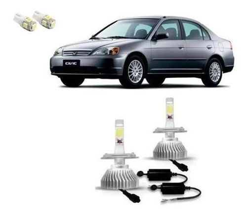 Kit Lampada Super Led Farol Alto E Baixo H4 + Led Civic 2002