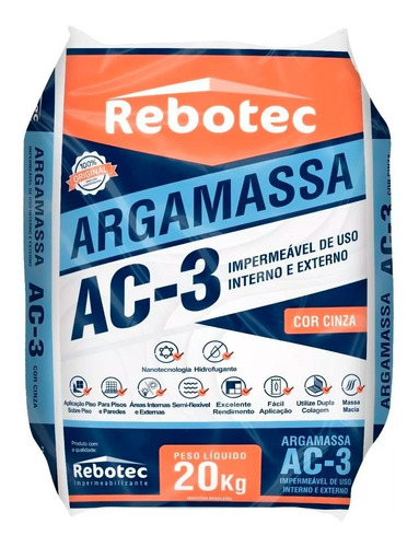 Argamassa Para Porcelanato Ac3 Rebotec Impermeável 20kg