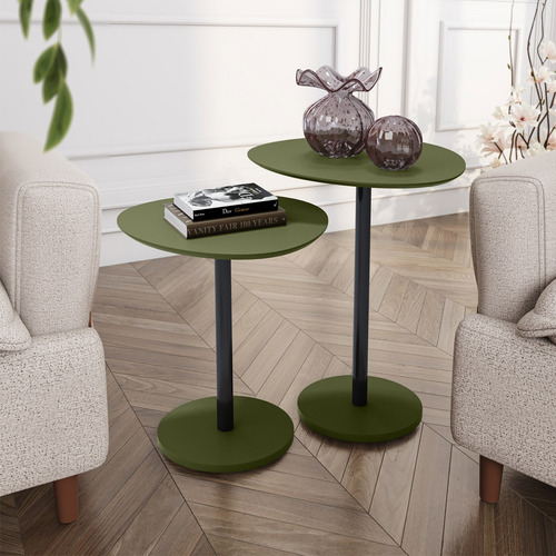 Conjunto Mesa Lateral Monopé Orgânica Em Mdf Pés De Aço Cor Verde