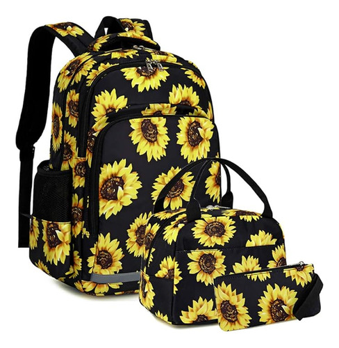 Mochila Escolar De 3 Piezas, Diseño De Girasoles, Negra