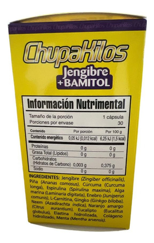 Chupa Kilos 30 Caps. Jengibre Y Bamitol Sabor Sin Sabor