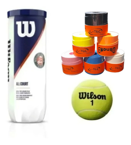 Kit Pelota Tenis Wilson Tubo X3 Roland Garros + 2 Cubre Grip