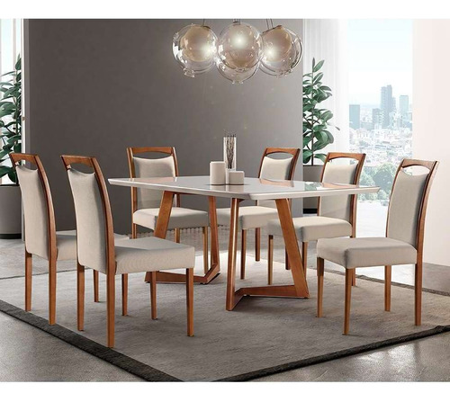 Conjunto De Mesa De Jantar Com 6 Cadeiras Lívia Linho Off... Cor Imbuia