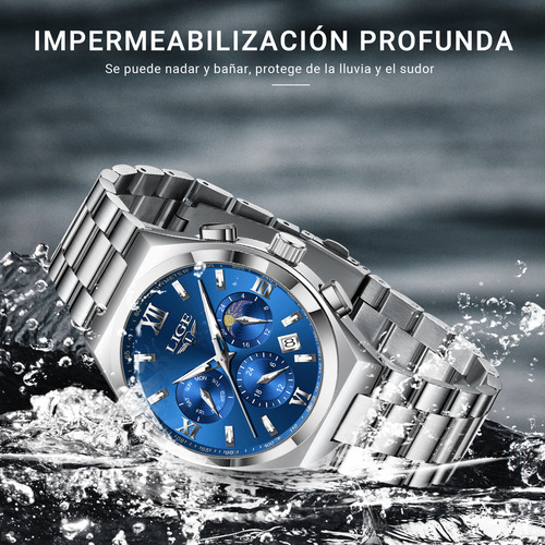 Reloj Pulsera Relojes Hombre Impermeable Acero Inoxidable Correa Plateado Bisel Plateado Fondo Azul