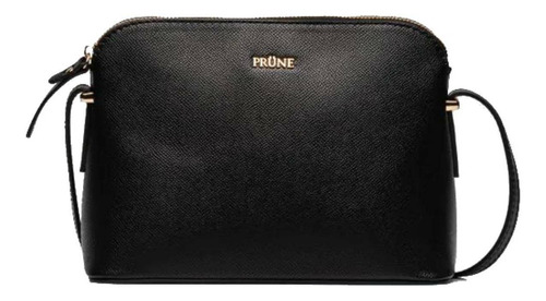 Cartera bandolera Prüne 2172 Dyna diseño liso de cuero saffiano  negra con correa de hombro negra asas color negro y herrajes dorado