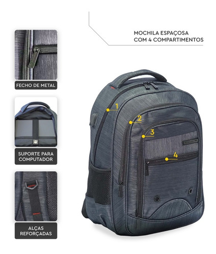 Mochila Laptop Usb Reforçado 4 Compartimientos Travel Blue