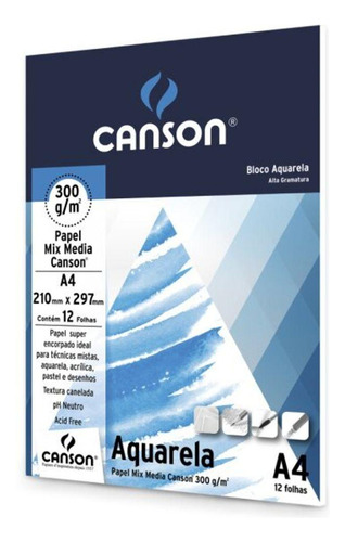 Bloco Papel Canson Aquarela 300g A4 Bloco C/12flsm