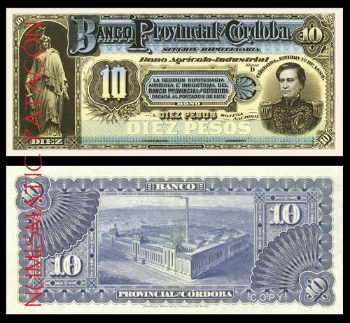 Billete Bono 10 Peso Moneda Nacional Cordoba 1889 Copia 743s