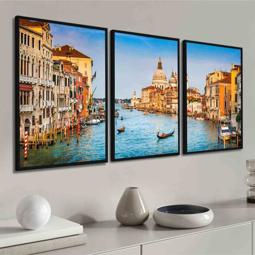 Kit 3 Quadros Decorativos Veneza Itália Paisagem Com Moldura