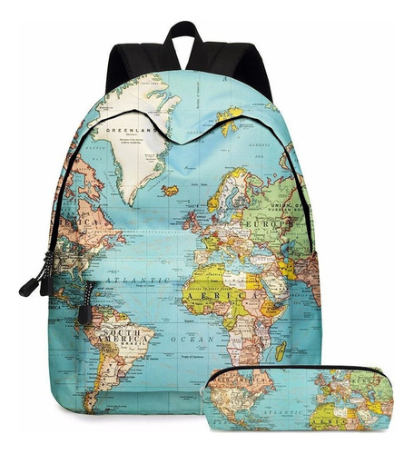 2pcs Mapa Del Mundo Mochila Escolar Viaje Bolsa+ Lápiz Bolsa